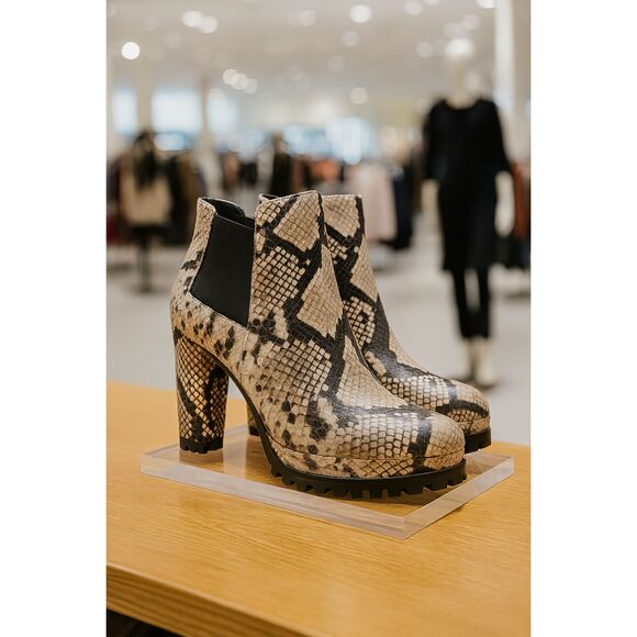 ALL SAINTS Bootie Womens 8 Sarris Nude Snake Print Ankle Chelsea Lug Heel $400 - Picture 1 of 6